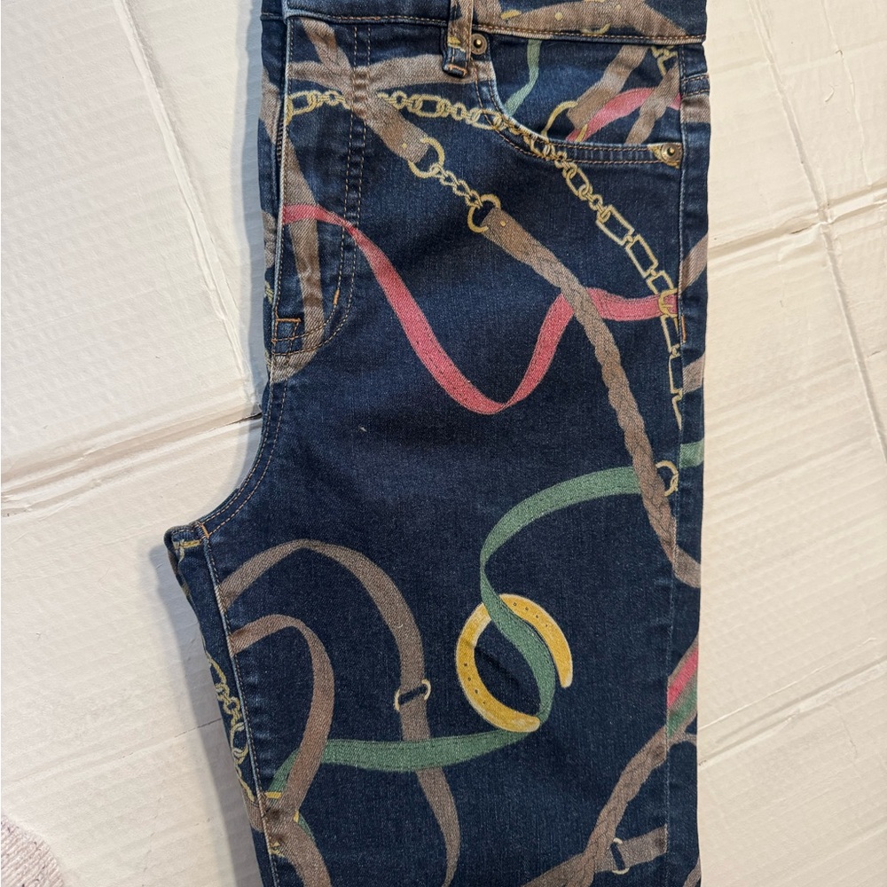 Women’s Dark Wash Chain & Ribbon Print Jeans - Navy
